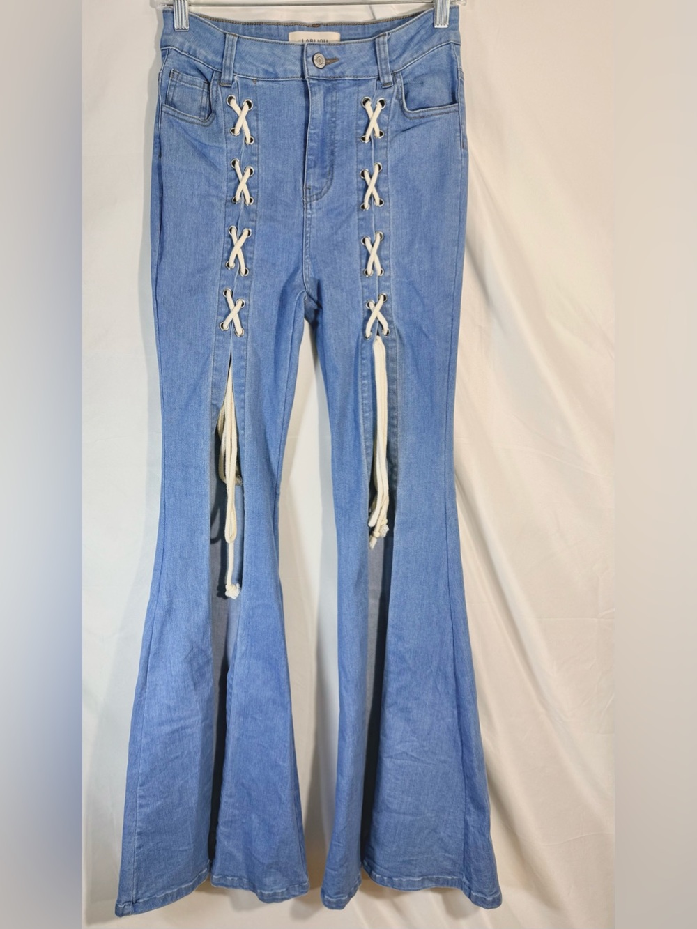 LABIJOU Lace Up Cutout Super Flare Boho Festival Bell Bottom Jeans Size Small - Picture 2 of 11